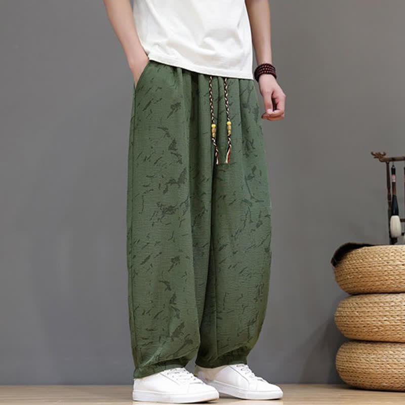 Buddha Stones Pantaloni estivi casual minimalisti con coulisse e motivo astratto alla caviglia, pantaloni harem da uomo con tasca - image 1