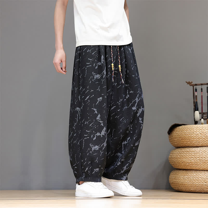 Buddha Stones Pantaloni estivi casual minimalisti con coulisse e motivo astratto alla caviglia, pantaloni harem da uomo con tasca - image 14