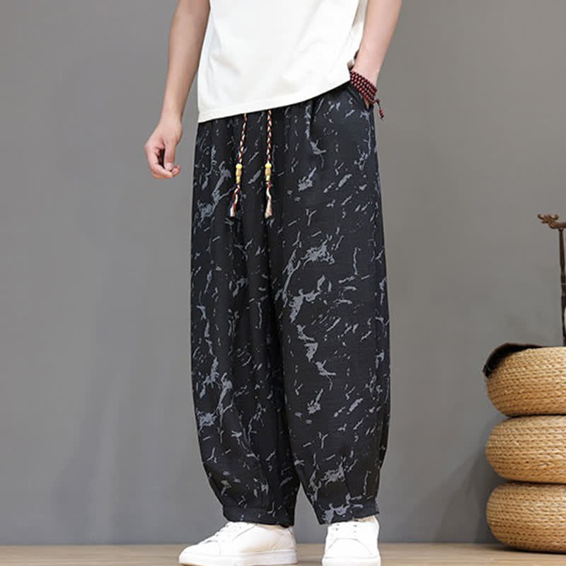 Buddha Stones Pantaloni estivi casual minimalisti con coulisse e motivo astratto alla caviglia, pantaloni harem da uomo con tasca - image 13