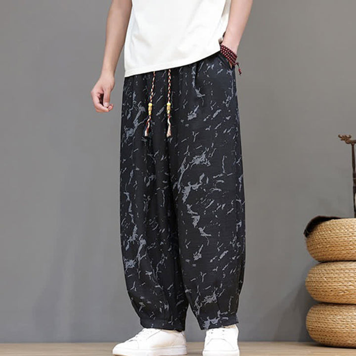 Buddha Stones Pantaloni estivi casual minimalisti con coulisse e motivo astratto alla caviglia, pantaloni harem da uomo con tasca - image 13