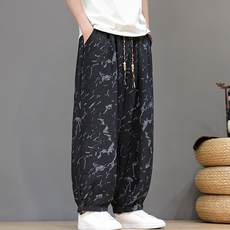 Buddha Stones Pantaloni estivi casual minimalisti con coulisse e motivo astratto alla caviglia, pantaloni harem da uomo con tasca - image 11