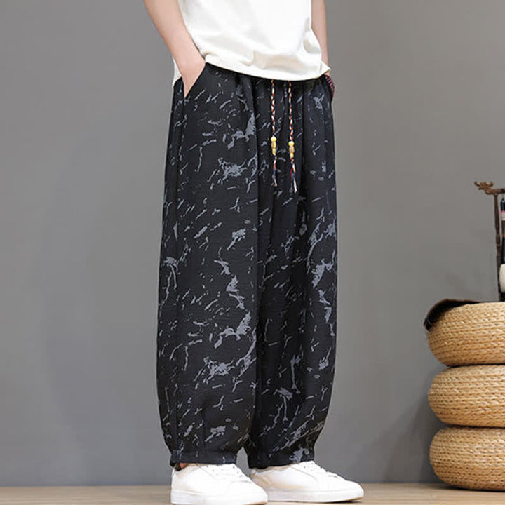 Buddha Stones Pantaloni estivi casual minimalisti con coulisse e motivo astratto alla caviglia, pantaloni harem da uomo con tasca - image 11
