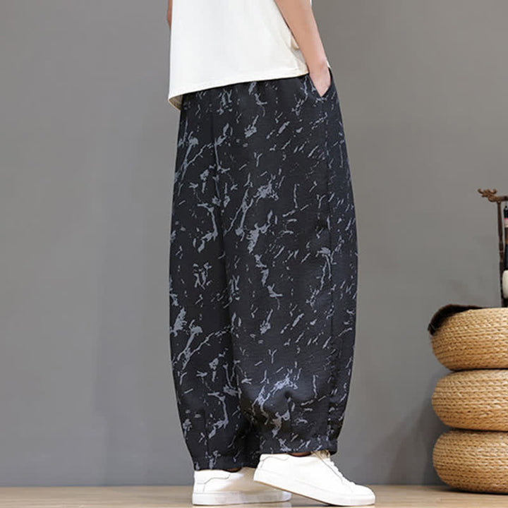 Buddha Stones Pantaloni estivi casual minimalisti con coulisse e motivo astratto alla caviglia, pantaloni harem da uomo con tasca - image 12