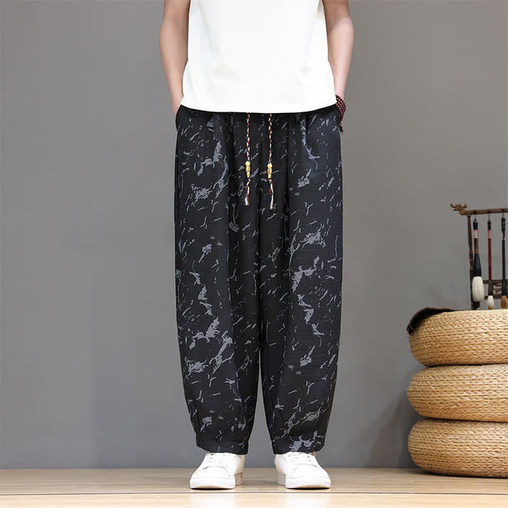 Buddha Stones Pantaloni estivi casual minimalisti con coulisse e motivo astratto alla caviglia, pantaloni harem da uomo con tasca - Nero - US/UK/AU52, EU62 (8XL) - image 9
