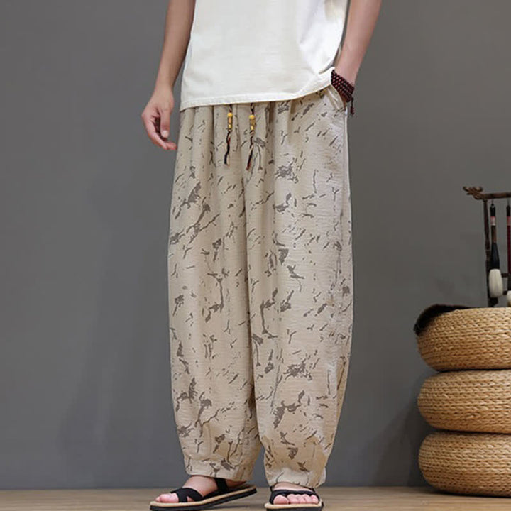 Buddha Stones Pantaloni estivi casual minimalisti con coulisse e motivo astratto alla caviglia, pantaloni harem da uomo con tasca - image 18