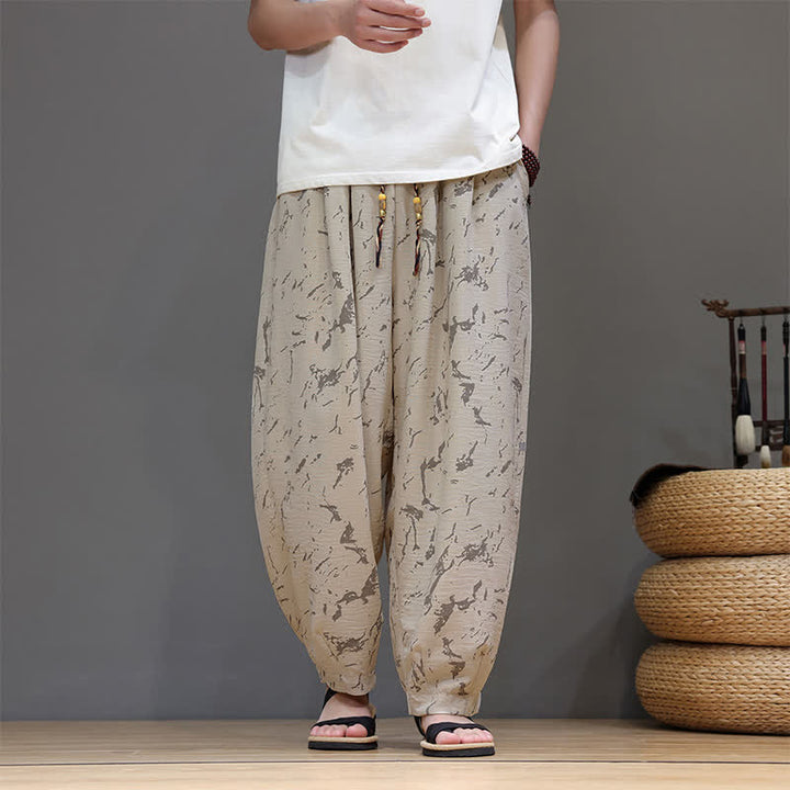Buddha Stones Pantaloni estivi casual minimalisti con coulisse e motivo astratto alla caviglia, pantaloni harem da uomo con tasca - Beige - US/UK/AU52, EU62 (8XL) - image 16