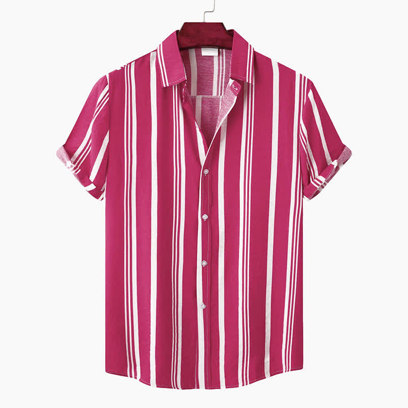 Buddha Stones Camicia da uomo a maniche corte, classica, estiva, casual, con bottoni e righe verticali. - Cremisi - US/UK/AU42, EU52 (3XL) - image 21