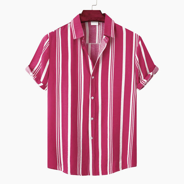 Buddha Stones Camicia da uomo a maniche corte, classica, estiva, casual, con bottoni e righe verticali. - Cremisi - US/UK/AU42, EU52 (3XL) - image 21