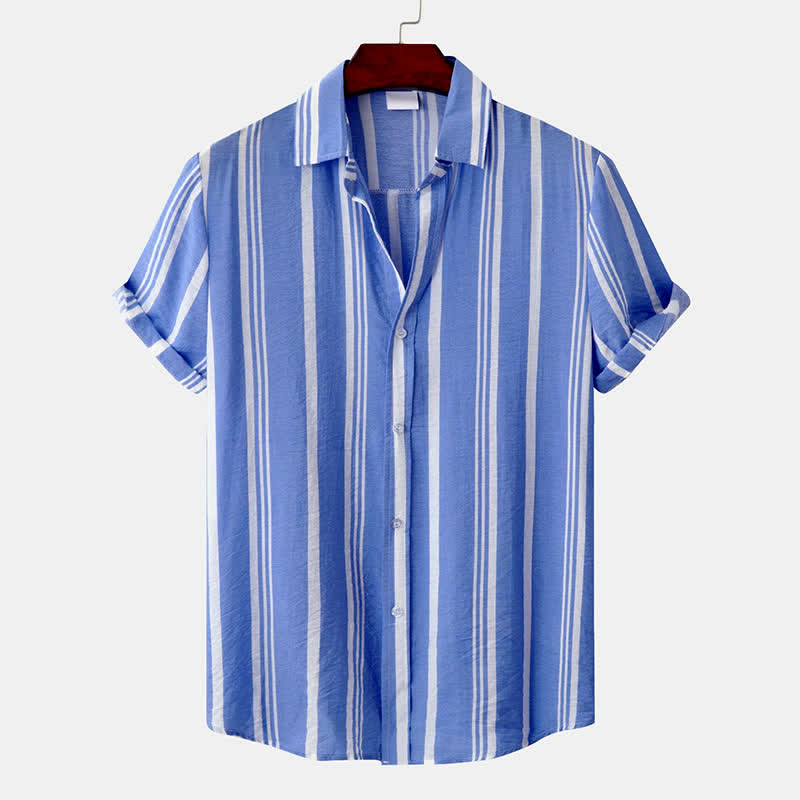 Buddha Stones Camicia da uomo a maniche corte, classica, estiva, casual, con bottoni e righe verticali. - Azzurro chiaro - US/UK/AU42, EU52 (3XL) - image 14