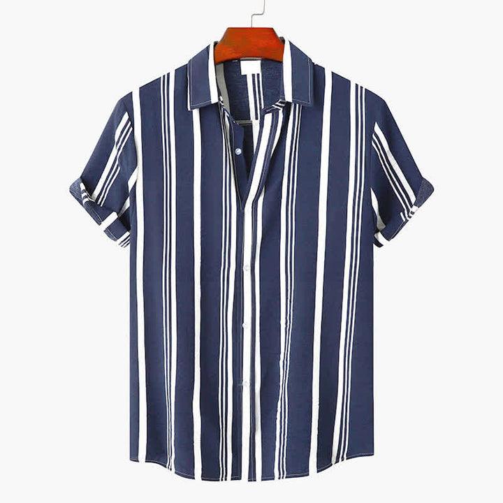Buddha Stones Camicia da uomo a maniche corte, classica, estiva, casual, con bottoni e righe verticali. - SteelBlue - US/UK/AU42, EU52 (3XL) - image 7