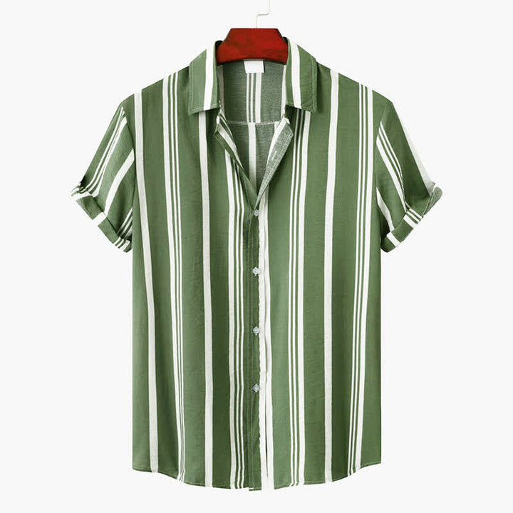 Buddha Stones Camicia da uomo a maniche corte, classica, estiva, casual, con bottoni e righe verticali. - Verde Mare Scuro - US/UK/AU42, EU52 (3XL) - image 0