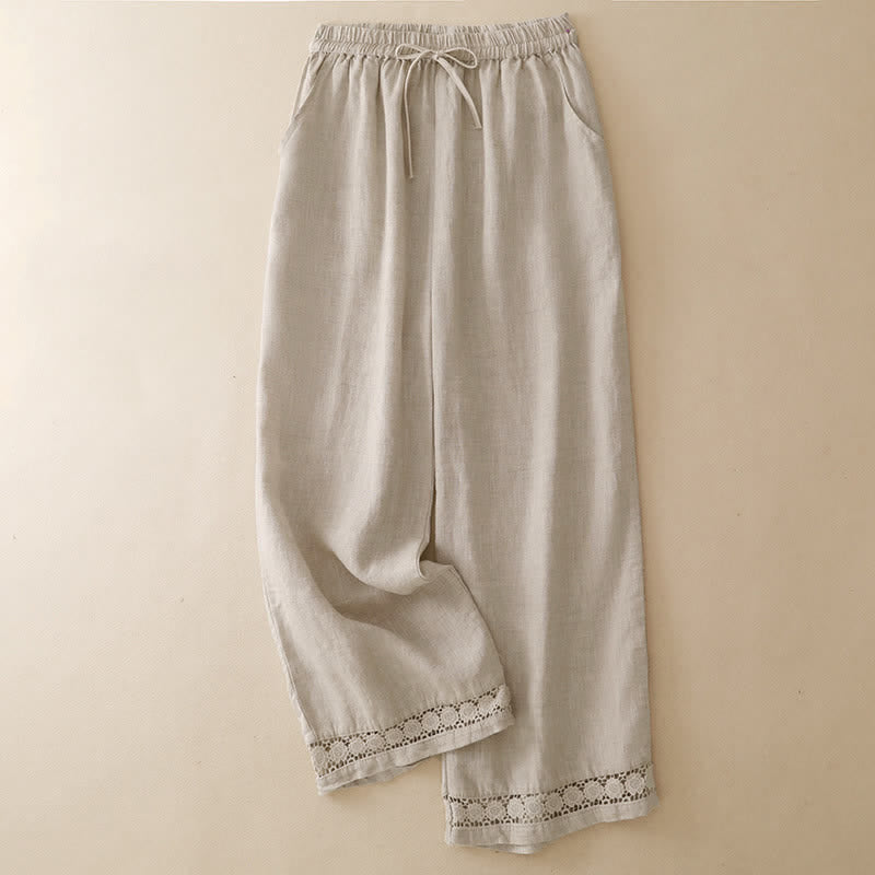 Buddha Stones Pantaloni corti estivi casual minimalisti con coulisse e orlo a fiori, gamba dritta e tasca, da donna. - Beige - US8-10, UK/AU12-14, EU40-42 (2XL) - image 15