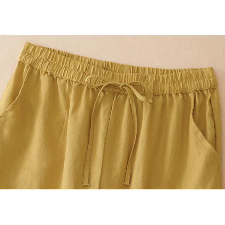 Buddha Stones Pantaloni corti estivi casual minimalisti con coulisse e orlo a fiori, gamba dritta e tasca, da donna. - image 1
