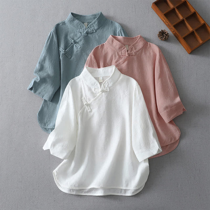 Buddha Stones Camicia da donna estiva stile Tang, casual, con colletto alla coreana e maniche a tre quarti. - image 14