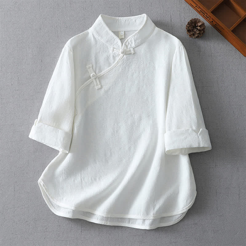 Buddha Stones Camicia da donna estiva stile Tang, casual, con colletto alla coreana e maniche a tre quarti. - Bianco - US12, UK/AU16, EU44 (3XL) - image 7