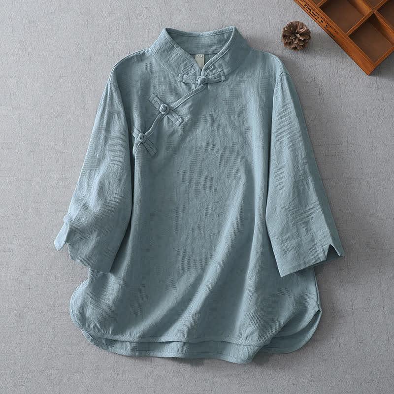 Buddha Stones Camicia da donna estiva stile Tang, casual, con colletto alla coreana e maniche a tre quarti. - Blu acciaio chiaro - US12, UK/AU16, EU44 (3XL) - image 0
