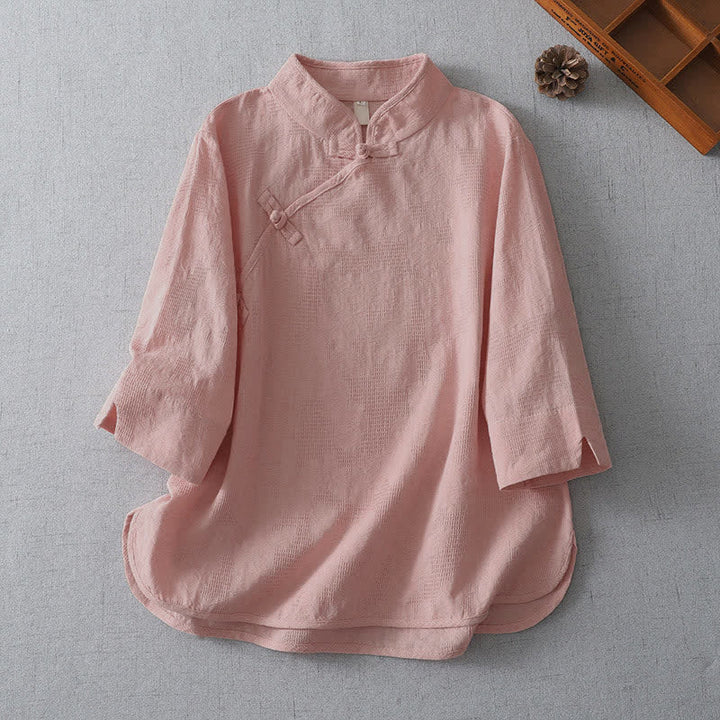 Buddha Stones Camicia da donna estiva stile Tang, casual, con colletto alla coreana e maniche a tre quarti. - Rosa chiaro - US12, UK/AU16, EU44 (3XL) - image 4
