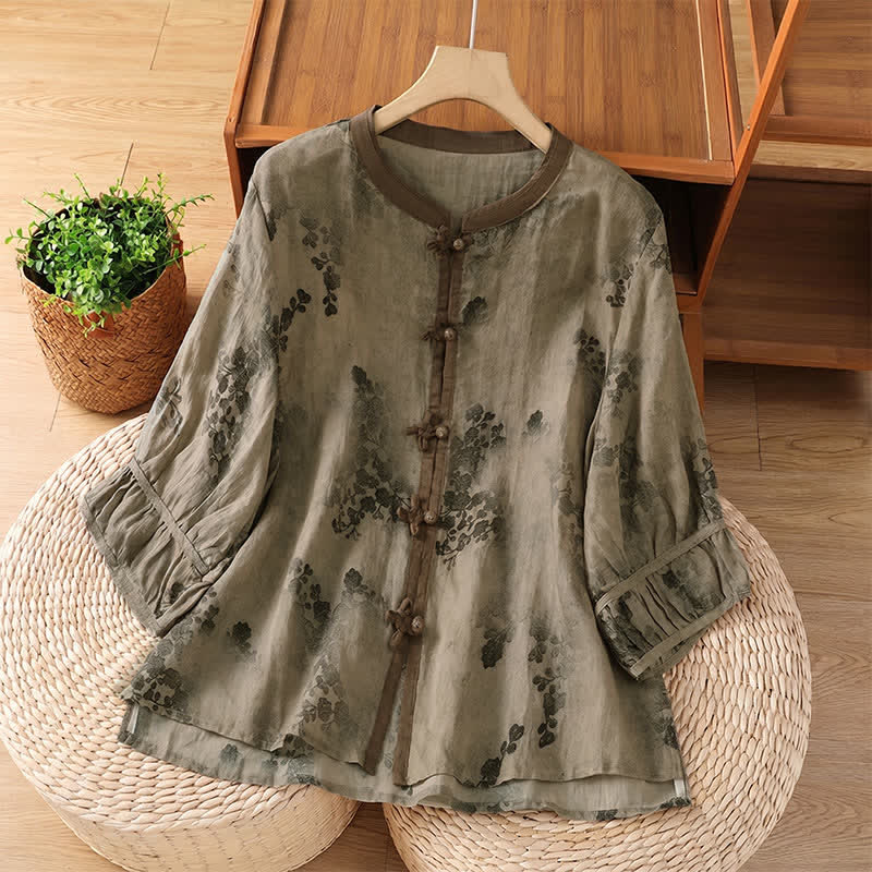 Buddha Stones Camicie da donna a maniche corte, stile vintage Tang, con colletto alla coreana e stampa floreale a foglie, perfette per l'estate. - Tan - US8-10, UK/AU12-14, EU40-42 (2XL) - image 0