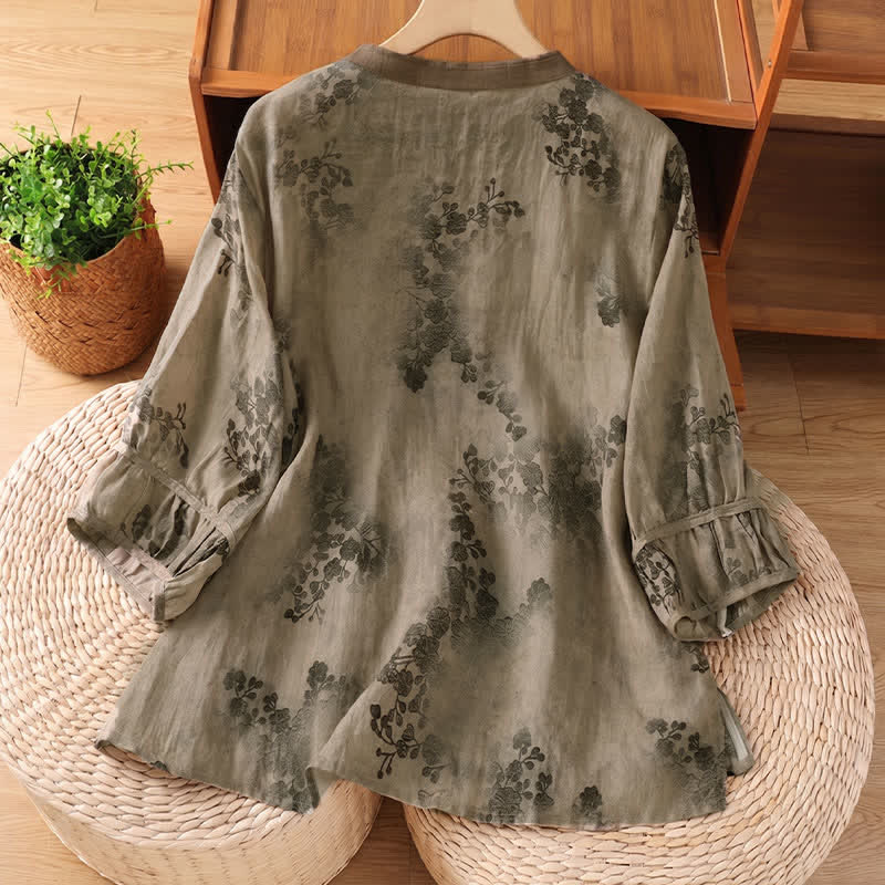 Buddha Stones Camicie da donna a maniche corte, stile vintage Tang, con colletto alla coreana e stampa floreale a foglie, perfette per l'estate. - image 1