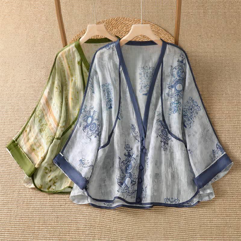 Buddha Stones Camicia da donna estiva casual vintage a maniche lunghe con bottoni e stampa floreale, con taschino. - image 12