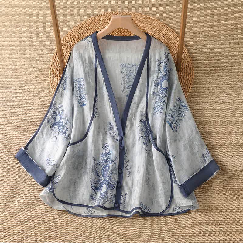 Buddha Stones Camicia da donna estiva casual vintage a maniche lunghe con bottoni e stampa floreale, con taschino. - Blu acciaio chiaro - US14, UK/AU18, EU46 (2XL) - image 0