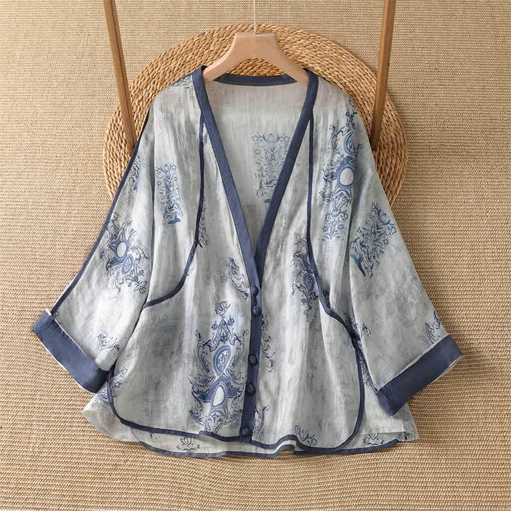 Buddha Stones Camicia da donna estiva casual vintage a maniche lunghe con bottoni e stampa floreale, con taschino. - Blu acciaio chiaro - US14, UK/AU18, EU46 (2XL) - image 0