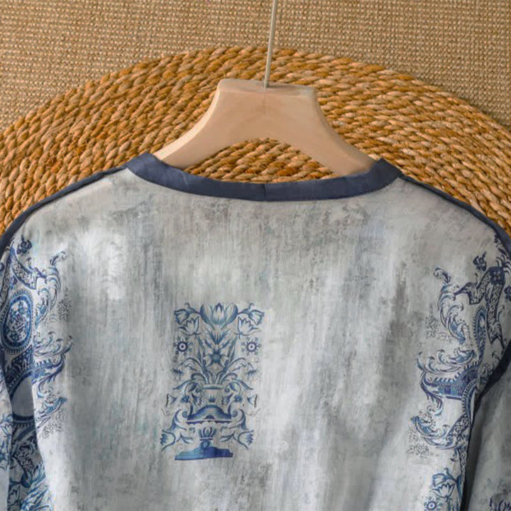 Buddha Stones Camicia da donna estiva casual vintage a maniche lunghe con bottoni e stampa floreale, con taschino. - image 3