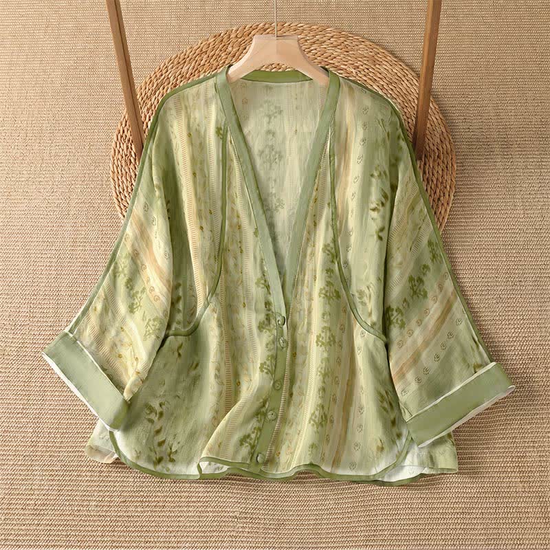 Buddha Stones Camicia da donna estiva casual vintage a maniche lunghe con bottoni e stampa floreale, con taschino. - GialloVerde - US14, UK/AU18, EU46 (2XL) - image 6