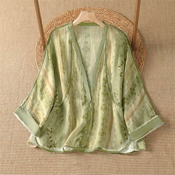 Buddha Stones Camicia da donna estiva casual vintage a maniche lunghe con bottoni e stampa floreale, con taschino. - GialloVerde - US14, UK/AU18, EU46 (2XL) - image 6