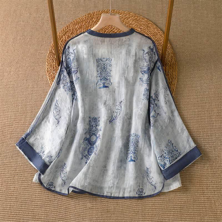 Buddha Stones Camicia da donna estiva casual vintage a maniche lunghe con bottoni e stampa floreale, con taschino. - image 1