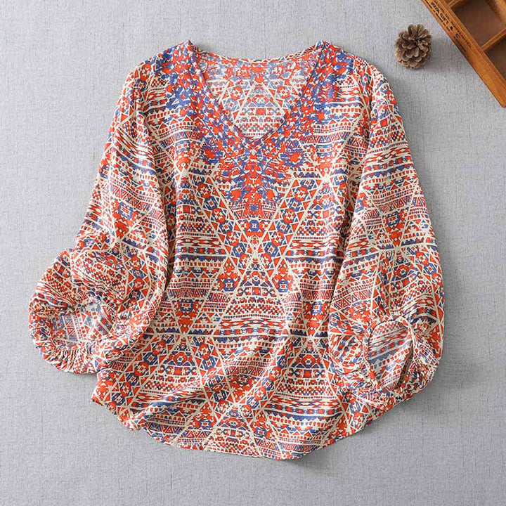 Buddha Stones T-shirt da donna a maniche lunghe con scollo a V, motivo geometrico e stampa boho vintage rossa, ideale per l'estate. - Salmone - US8-10, UK/AU12-14, EU40-42 (2XL) - image 0