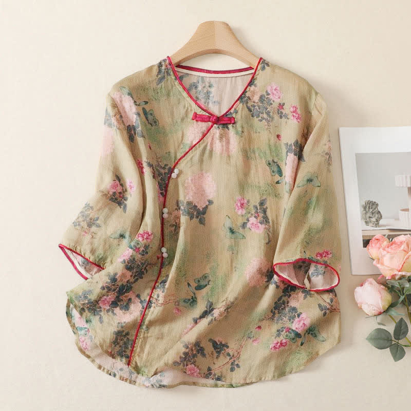 Buddha Stones Camicie da donna a maniche a tre quarti con colletto alla coreana, stile vintage Tang estivo, con stampa floreale rosa e rose. - Cachi scuro - US12, UK/AU16, EU44 (2XL) - image 0