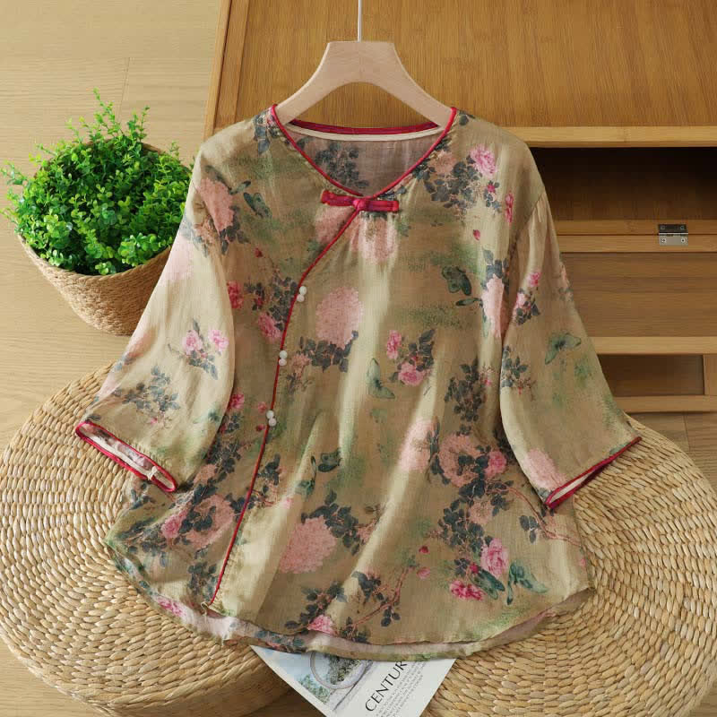 Buddha Stones Camicie da donna a maniche a tre quarti con colletto alla coreana, stile vintage Tang estivo, con stampa floreale rosa e rose. - image 1