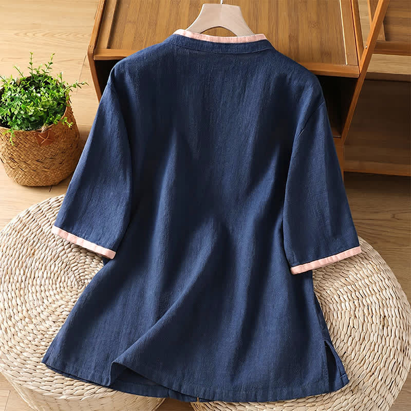 Buddha Stones Camicia da donna a maniche corte con scollo rotondo e bottoni a rana in stile vintage Summer Tang, ideale per l'estate. - image 1