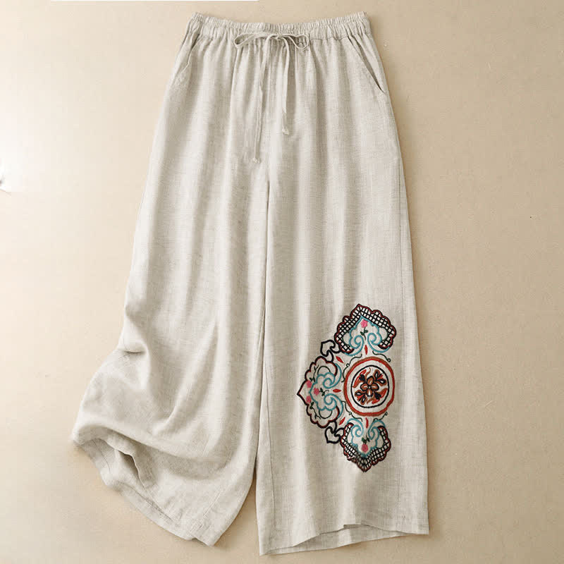 Buddha Stones Pantaloni capri estivi casual con ricami floreali, pantaloni a gamba larga da donna con tasca - image 2