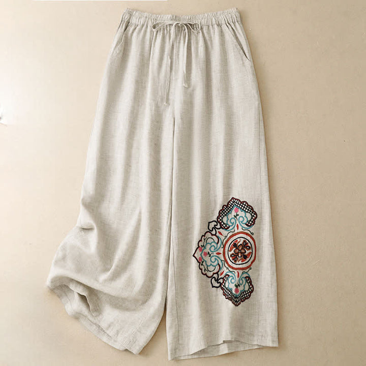 Buddha Stones Pantaloni capri estivi casual con ricami floreali, pantaloni a gamba larga da donna con tasca - image 2
