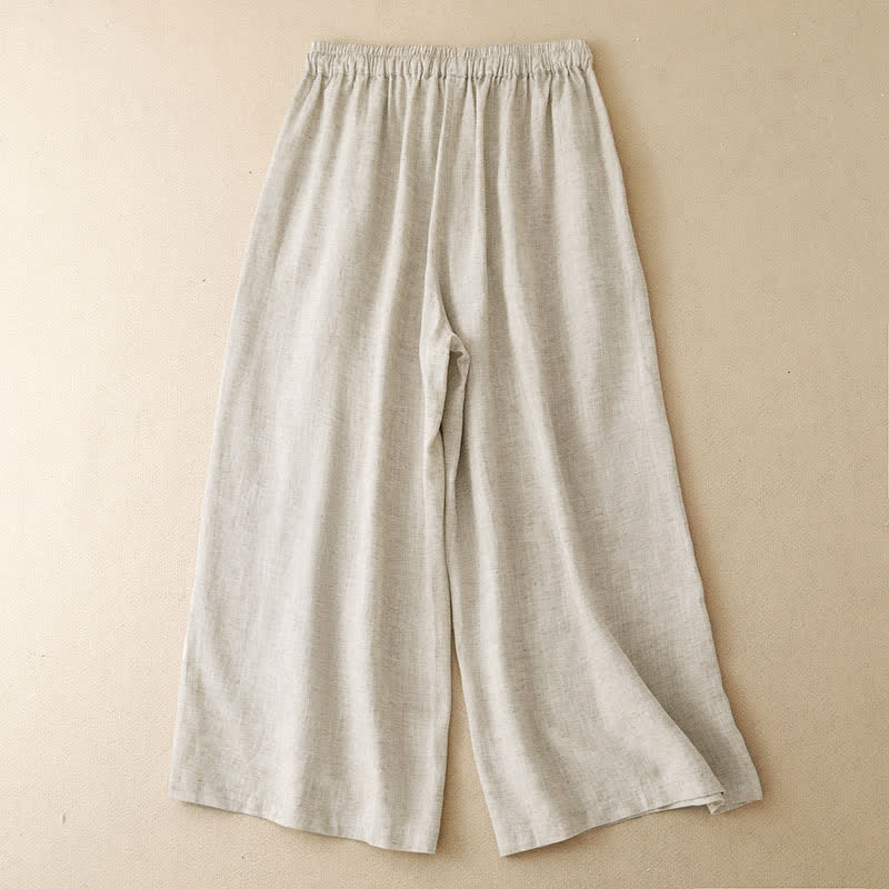 Buddha Stones Pantaloni capri estivi casual con ricami floreali, pantaloni a gamba larga da donna con tasca - image 1