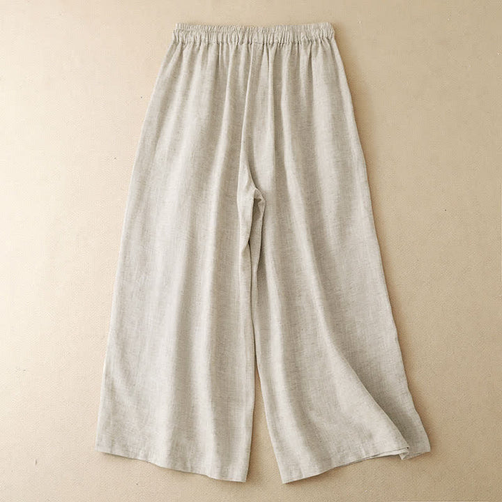 Buddha Stones Pantaloni capri estivi casual con ricami floreali, pantaloni a gamba larga da donna con tasca - image 1