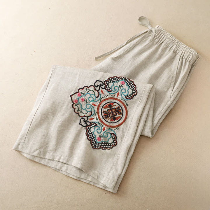 Buddha Stones Pantaloni capri estivi casual con ricami floreali, pantaloni a gamba larga da donna con tasca - image 3