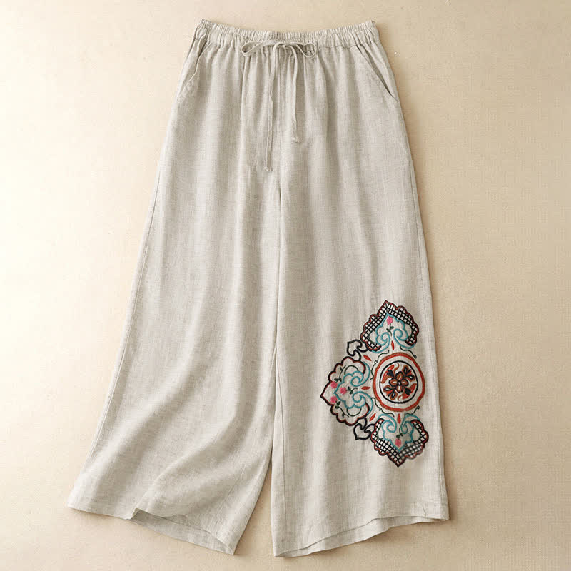 Buddha Stones Pantaloni capri estivi casual con ricami floreali, pantaloni a gamba larga da donna con tasca - Biancheria - US8-10, UK/AU12-14, EU40-42 (2XL) - image 0