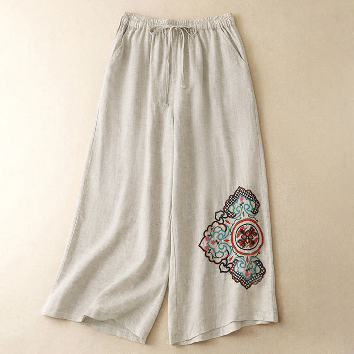 Buddha Stones Pantaloni capri estivi casual con ricami floreali, pantaloni a gamba larga da donna con tasca - Biancheria - US8-10, UK/AU12-14, EU40-42 (2XL) - image 0