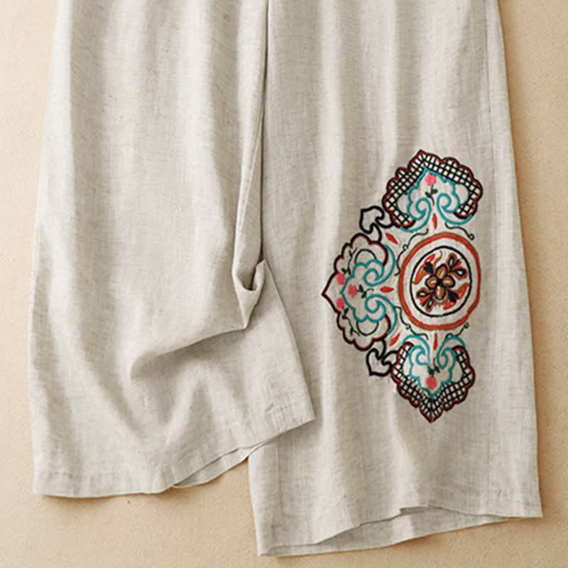 Buddha Stones Pantaloni capri estivi casual con ricami floreali, pantaloni a gamba larga da donna con tasca - image 6