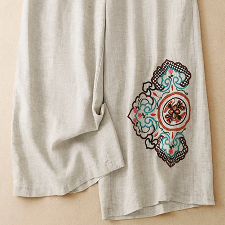Buddha Stones Pantaloni capri estivi casual con ricami floreali, pantaloni a gamba larga da donna con tasca - image 6