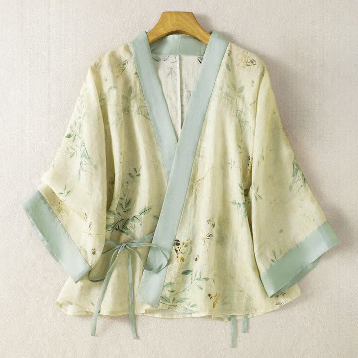 Buddha Stones Kimono estivo casual vintage da donna con scollo a V, coulisse, finiture floreali a contrasto e maniche a tre quarti. - Beige - US8-10, UK/AU12-14, EU40-42 (2XL) - image 0