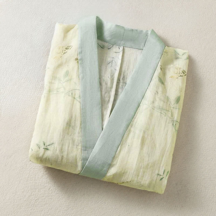 Buddha Stones Kimono estivo casual vintage da donna con scollo a V, coulisse, finiture floreali a contrasto e maniche a tre quarti. - image 2