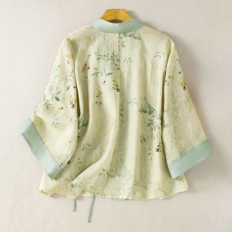Buddha Stones Kimono estivo casual vintage da donna con scollo a V, coulisse, finiture floreali a contrasto e maniche a tre quarti. - image 1