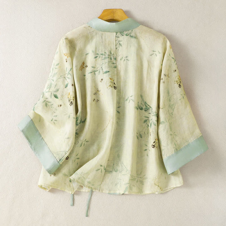 Buddha Stones Kimono estivo casual vintage da donna con scollo a V, coulisse, finiture floreali a contrasto e maniche a tre quarti. - image 1