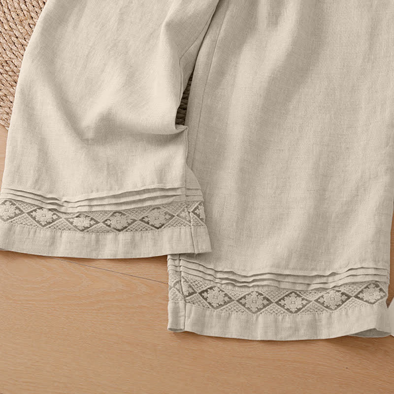 Buddha Stones Pantaloni estivi casual minimalisti con orlo traforato e motivo geometrico, da donna a gamba larga con tasche. - image 36