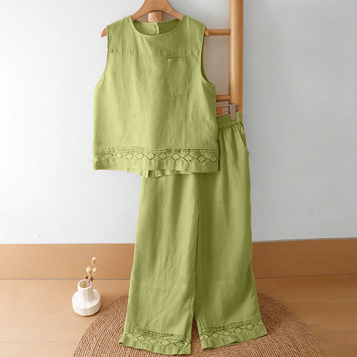 Buddha Stones Pantaloni estivi casual minimalisti con orlo traforato e motivo geometrico, da donna a gamba larga con tasche. - image 15
