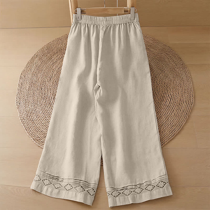 Buddha Stones Pantaloni estivi casual minimalisti con orlo traforato e motivo geometrico, da donna a gamba larga con tasche. - image 32